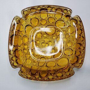 Vintage Libbey Amber Bubble Glass Ashtray, Yellow Pebbled Glass Ashtray 6 inch